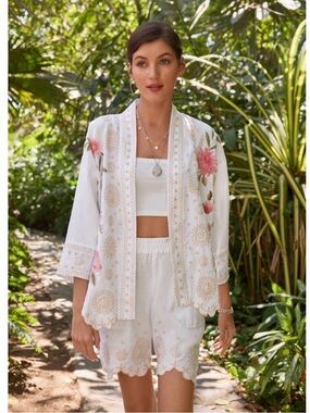 Johnny Was White Floral Embroidered Bermuda Shorts